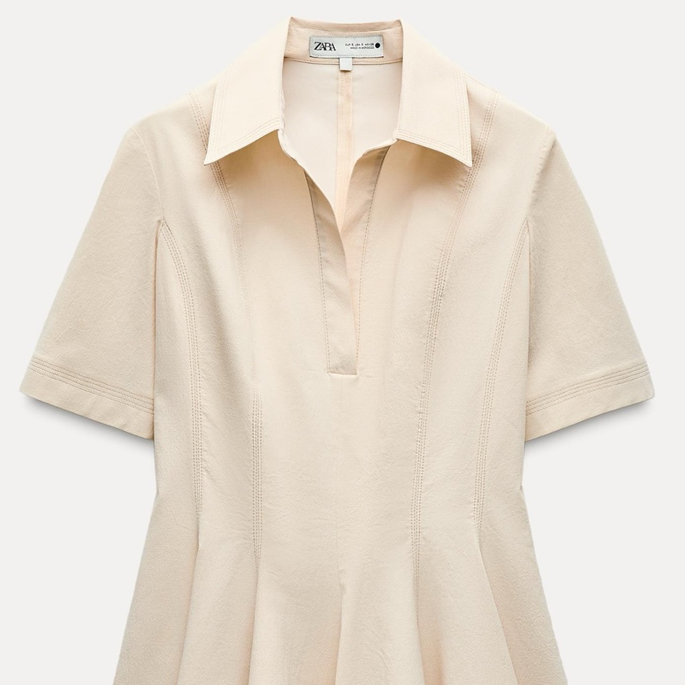 Zara Cream Fit-and-Flare Short Sleeve Dress
